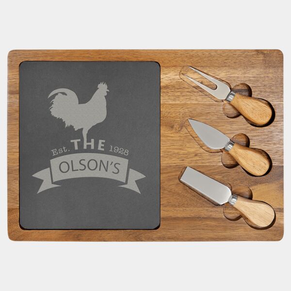 3 3/4" x 9 3/4" Acacia Wood/Slate Rectangle Cheese Set with Three Tools Thumbnail